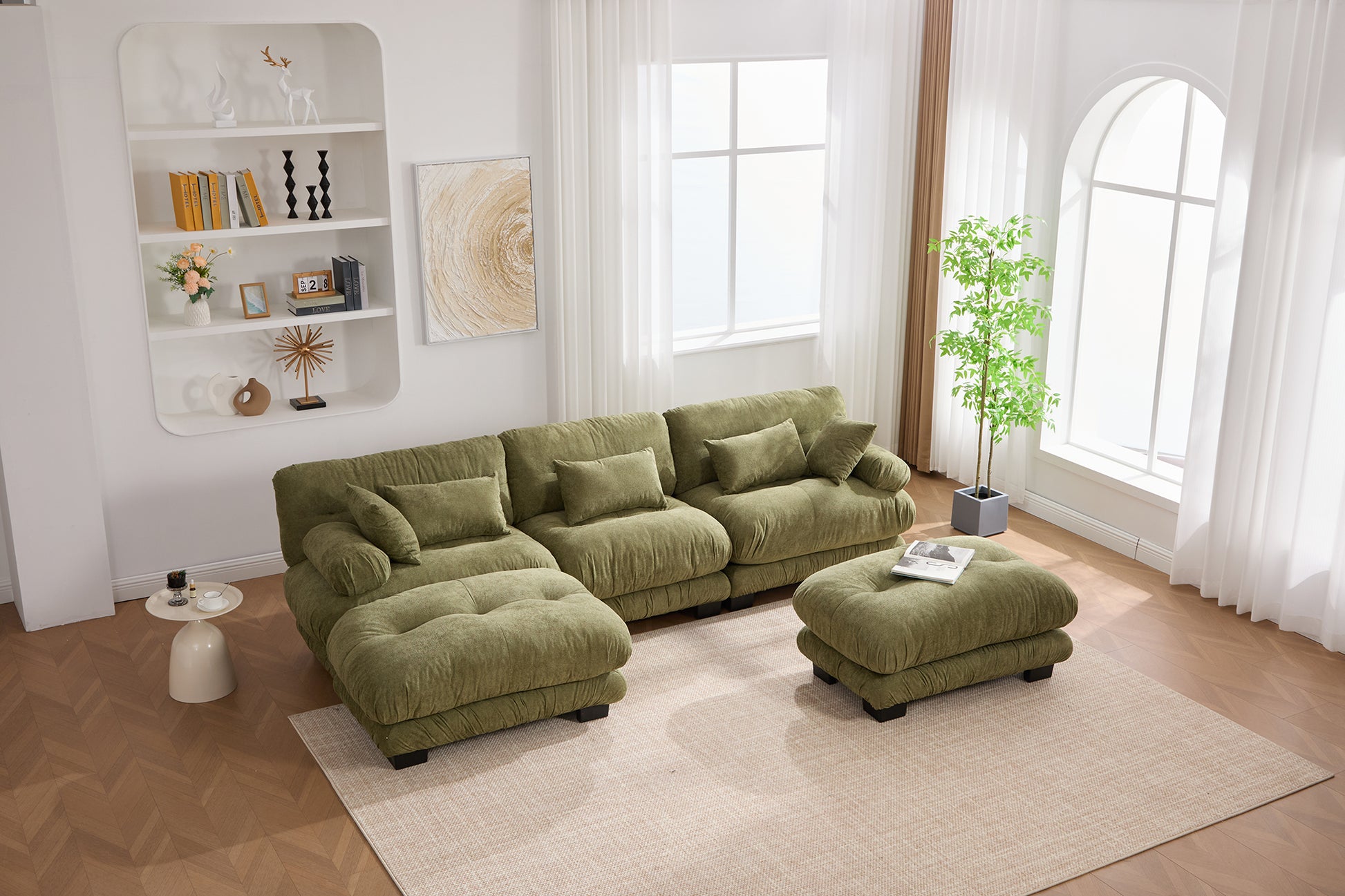 UNITED WE WIN Pelletized velvet U Shape Cloud Couch with 2 Ottomans,Free Combined 3 Seater Comfy Sofa with Bolster Armrest Pillows, sofa for Living Room-海智集-Default-