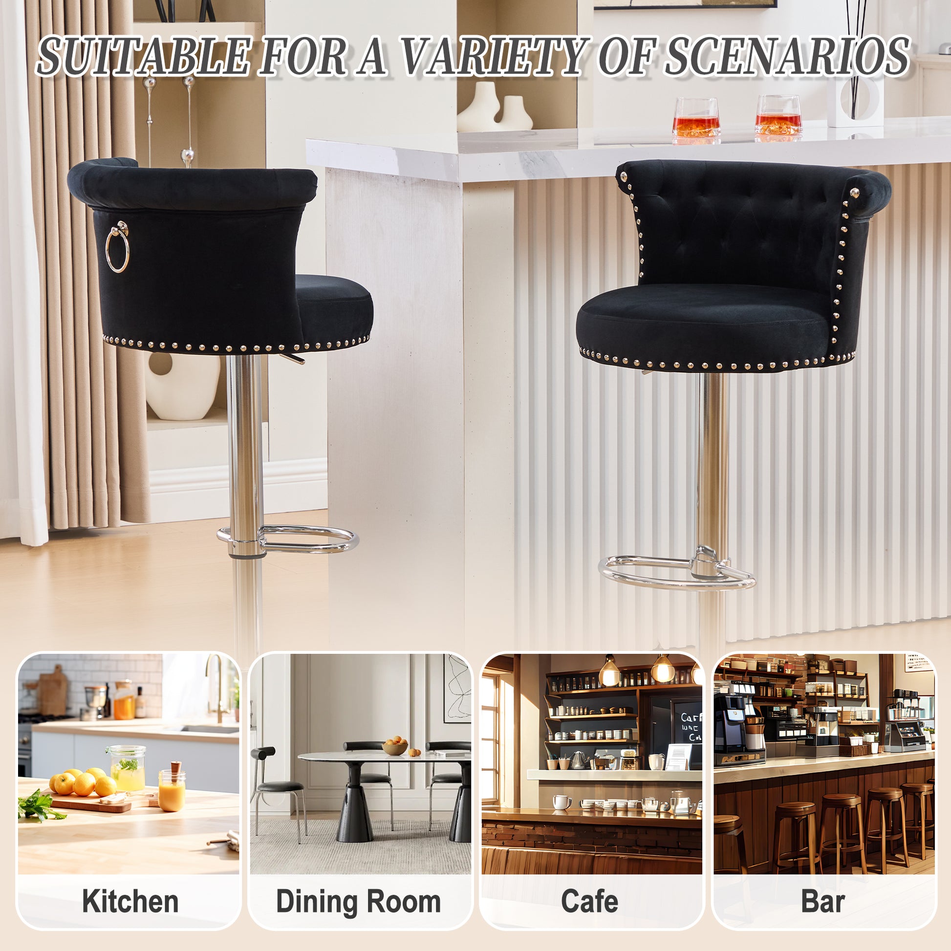 COOLMORE Velvet Bar Stool Set of 2, Adjustable Swivel Bar Stools with Silver Plated Metal Leg, Chrome Nailhead, Counter Height Chair for Kitchen,Dining Room-海智集-Default-