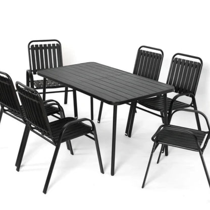 7 Pieces Patio Dining Set, Plastic chair and steel table Outdoor Set, plastic Chairs and Table Set for Garden Patio, Black-海智集-Default-