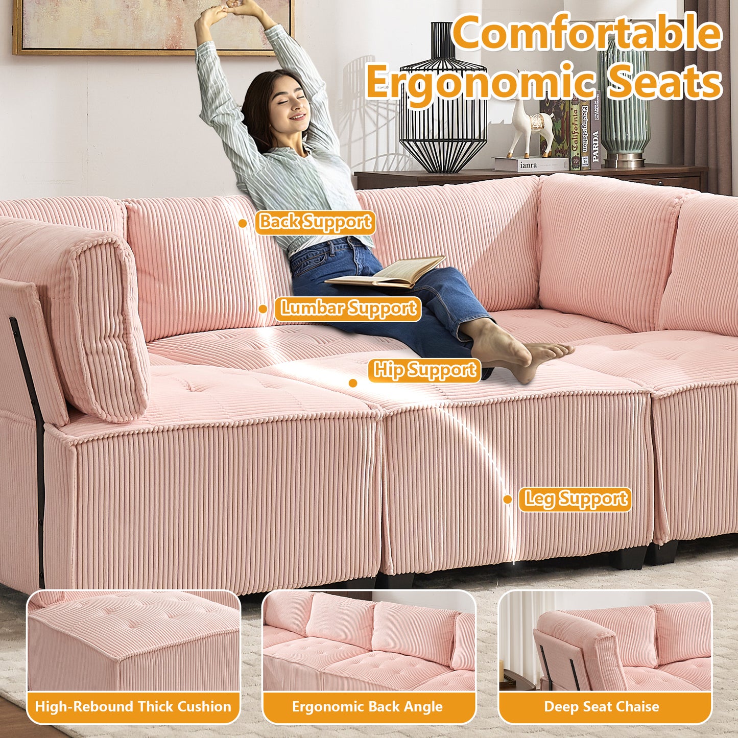 UNITED WE WIN Modular Sectional Sofa U Shaped Modular Couch with Reversible Chaise Modular Sofa Sectional Couch,6- Seat Convertible Sofa,Fit for Living Room-海智集-Default-
