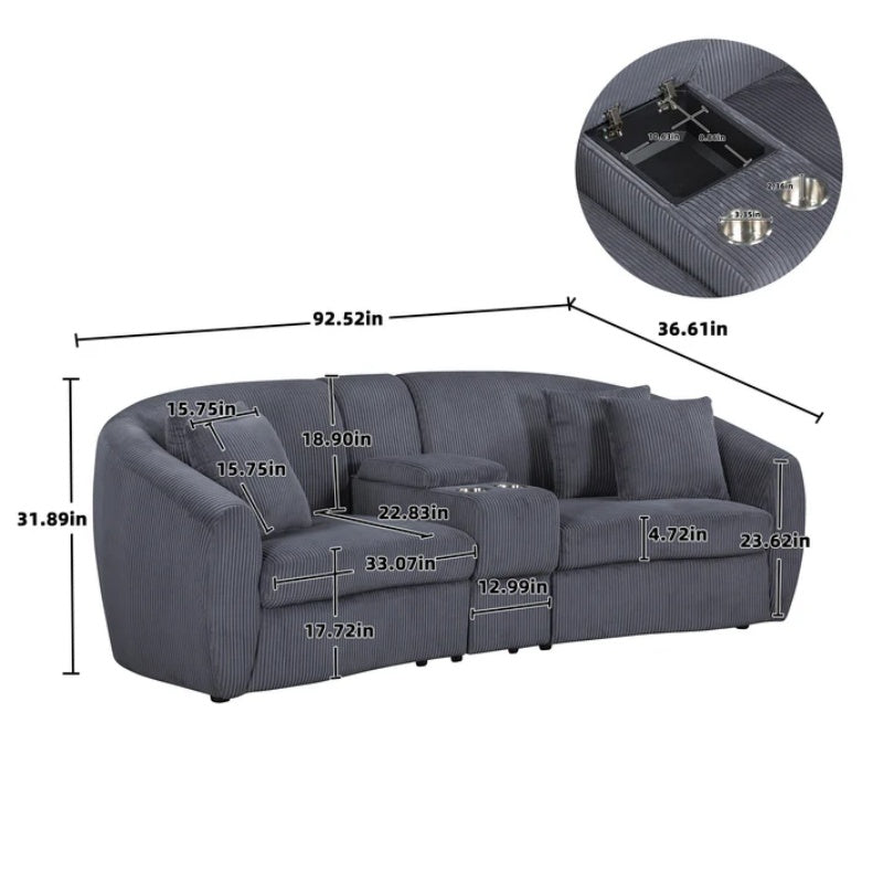 UNITED WE WIN corduroy fabric, two cup holders, storage, oversized two-seat, solid wood frame, high quality sponge filling, curved placement sofa-海智集-Default-