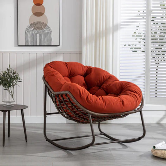 Outdoor Rattan Rocking Chair,Padded Cushion Rocker Recliner Chair Outdoor for Front Porch, Living Room, Patio, Garden, Orange-海智集-Default-