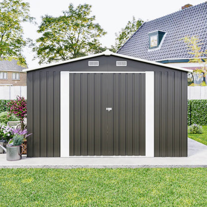 Campcraft Outdoor Storage Shed 10×14 FT with 3 Lockable Doors,Utility Tool Shed Metal Storage Garden Sheds Frame and 4 Vents,for Backyard,Patio,Lawn,dark Grey-海智集-Default-