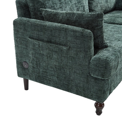 Modern Chenille 2-Seater Sofa with LED Light, USB Charging Port, and Storage Bag in Emerald-海智集-Default-