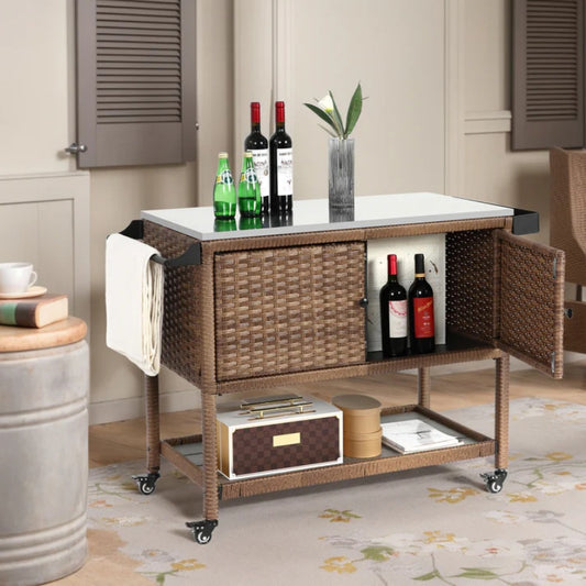 Outdoor Wicker Bar Cart, Patio Wine Serving Cart w/Wheels, Rolling Rattan Beverage Bar Counter Table w/Glass Top for Porch Backyard Garden Poolside Party, Brown-海智集-Default-