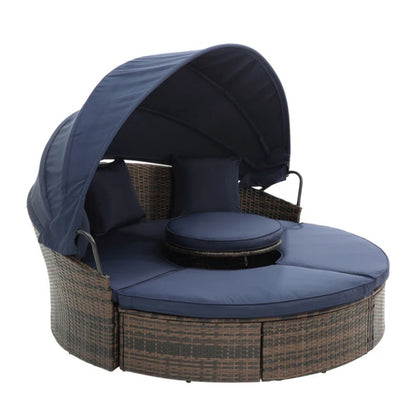 Hot Sale KD Rattan Round Lounge With Canopy Bali Canopy Bed Outdoor, Wicker Outdoor Sofa Bed with lift coffee table-海智集-Default-