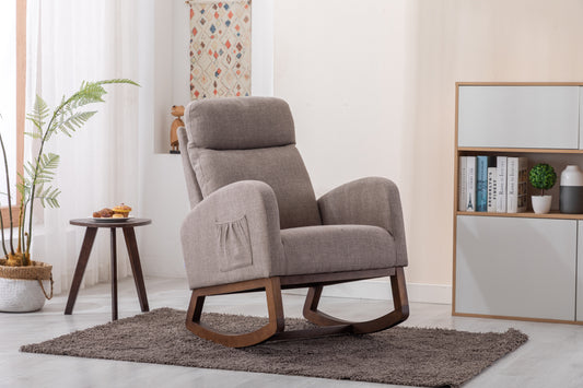 Rocking Chair, Modern Glider Chair, Recliner Armchair with Wood Legs and Side Pocket, Nursery Rocking Accent Chair with High Back for Living Room Bedroom (Grey linen)-海智集-Default-