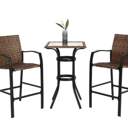 3 Pieces Outdoor Bar Stools Set,Rattan Bar Chairs,with glass table top, Wicker Bar Stools for Backyard, Garden, Pool, Balcony and Deck, Brown-海智集-Default-