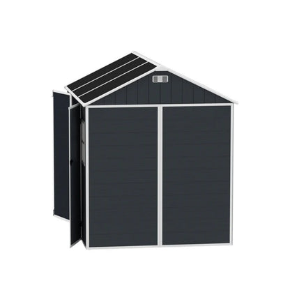 8*7ft Outdoor Storage Shed, Outdoor Resin Shed with Two-Window and Double-Door, Plastic Shed with Floor for Garden, Patio, Yard, Lawn (Dark Gray)-海智集-Default-