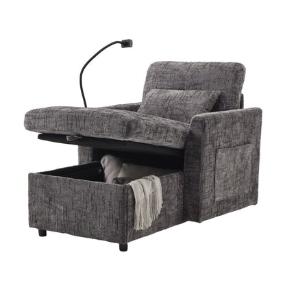 Multifunctional Recliner with Storage Backrest and Cell Phone Bracket in Gray Chenille for Living Room and Bedroom-海智集-Default-