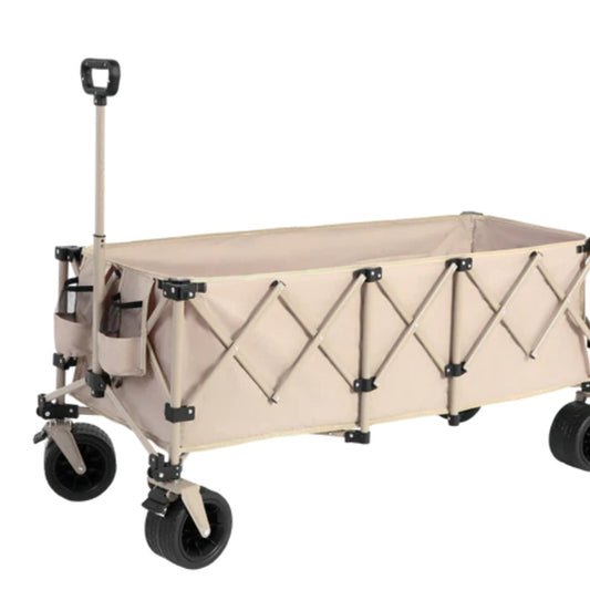 Foldable Extended Wagon with 220lbs Weight Capacity, Heavy Duty 300L Folding Utility Garden Cart with Big All-Terrain Beach Wheels & Drink Holders. Beige-海智集-Default-