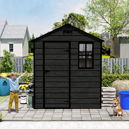 Campcraft 6*6ft resin storage shed, high quality pp material, strong structure, waterproof, rust and UV proof, large storage space, 12mm thick pp board, HD window lighting Black wood grain color-海智集-Default-