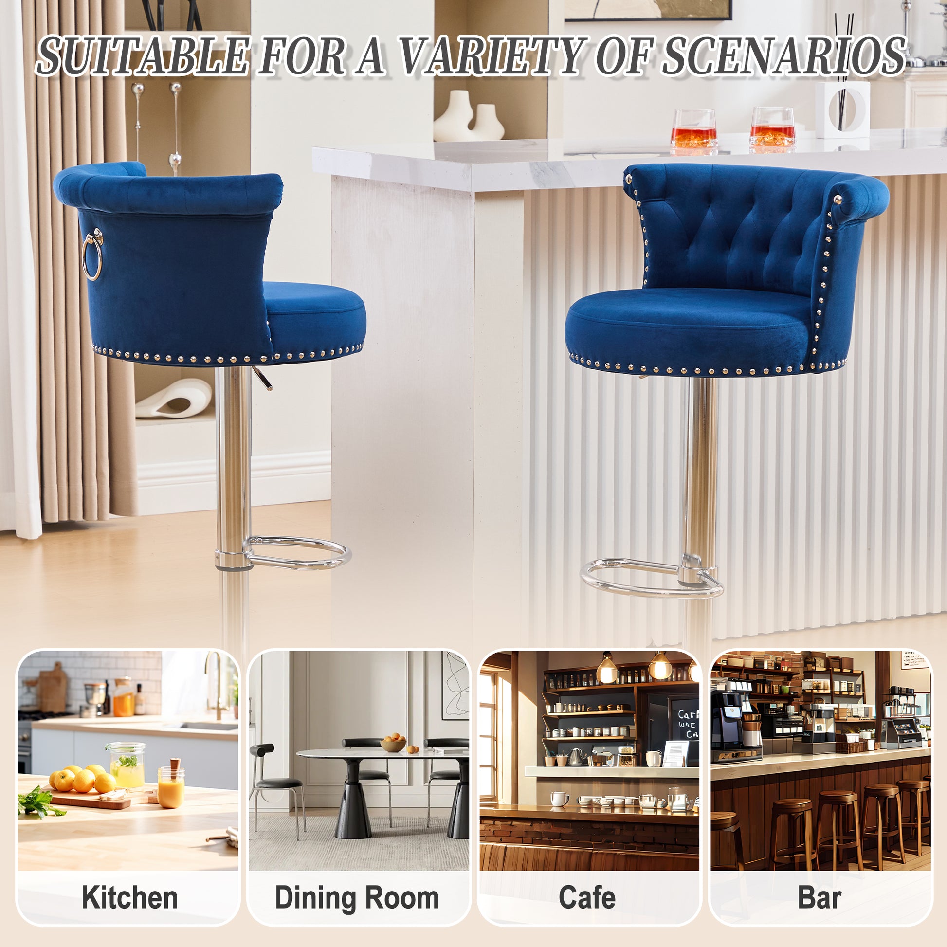 COOLMORE Velvet Bar Stool Set of 2, Adjustable Swivel Bar Stools with Silver Plated Metal Leg, Chrome Nailhead, Counter Height Chair for Kitchen,Dining Room-海智集-Default-