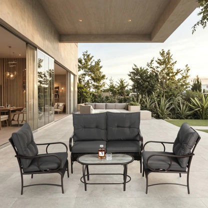 4 Piece Outdoor Patio Furniture Sets, Wicker Conversation Set for Porch Deck, Rattan Sofa Chair with Cushion-Grey-海智集-Default-
