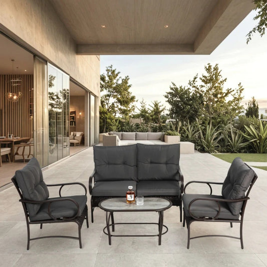 4 Piece Outdoor Patio Furniture Sets, Wicker Conversation Set for Porch Deck, Rattan Sofa Chair with Cushion-Grey-海智集-Default-
