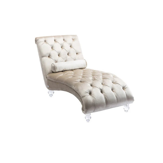 Velvet Chaise Lounge Indoor, Button-Tufted Upholstered Chair with Pillow, Beige Velvet, 63.38x28.94x34.05 inches-海智集-Default-