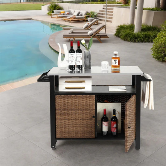 Outdoor Kitchen Wicker Island Rolling Cart & Storage Cabinet, Wheels and Stainless Steel Extended Table Top, Side Handle for Patio Kitchen or Bar Cart, Brown-海智集-Default-