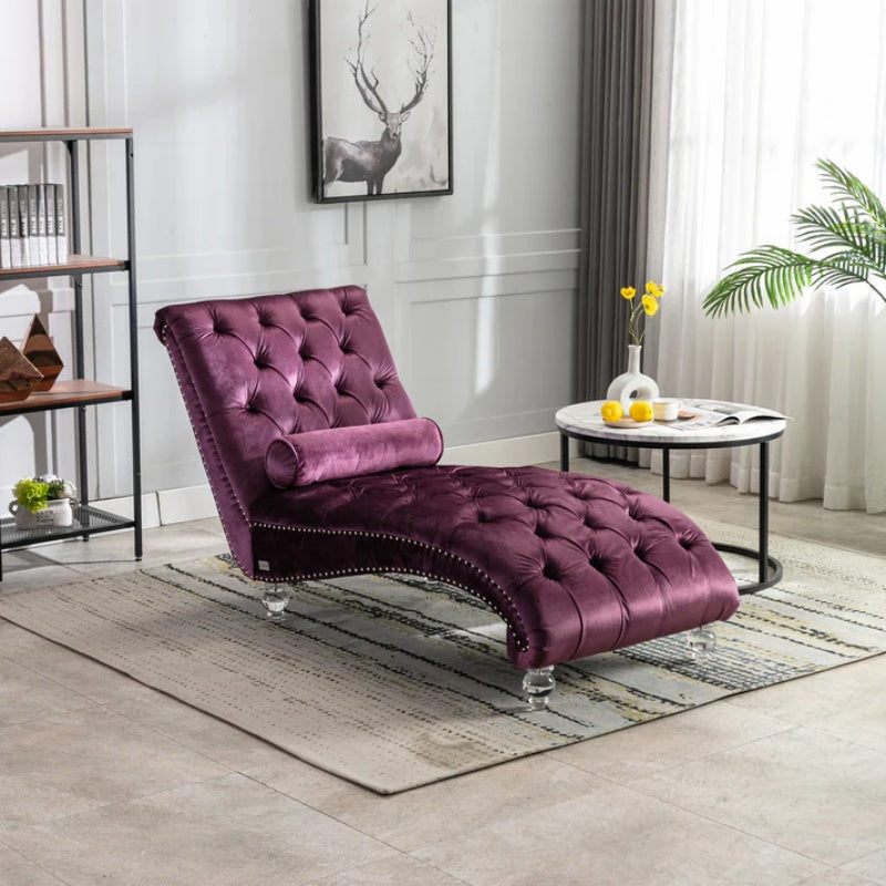 Velvet Chaise Lounge Indoor, Button-Tufted Upholstered Chaise Lounge Chair with Pillow for Bedroom Living Room Office, Purple Velvet-海智集-Default-