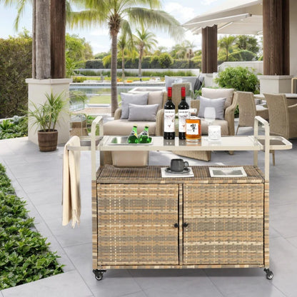 Outdoor Bar Table, Wicker Bar Cart with Cabinet, Patio Serving Cart with steel Top, with one ice bucket,Lockable Wheels, Side Basket for Garden, Poolside & Backyard, Beige-海智集-Default-