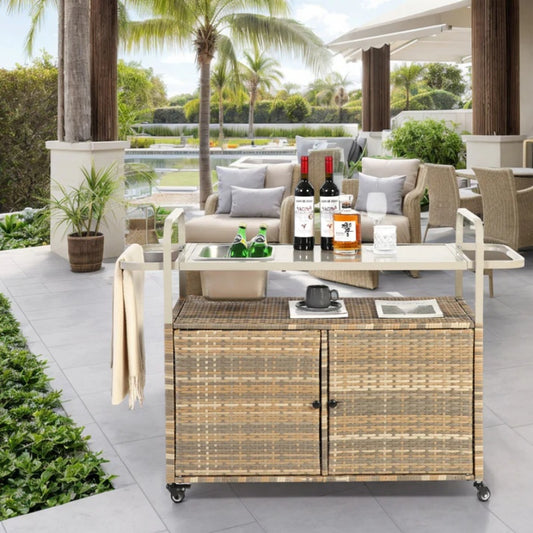 Outdoor Bar Table, Wicker Bar Cart with Cabinet, Patio Serving Cart with steel Top, with one ice bucket,Lockable Wheels, Side Basket for Garden, Poolside & Backyard, Beige-海智集-Default-