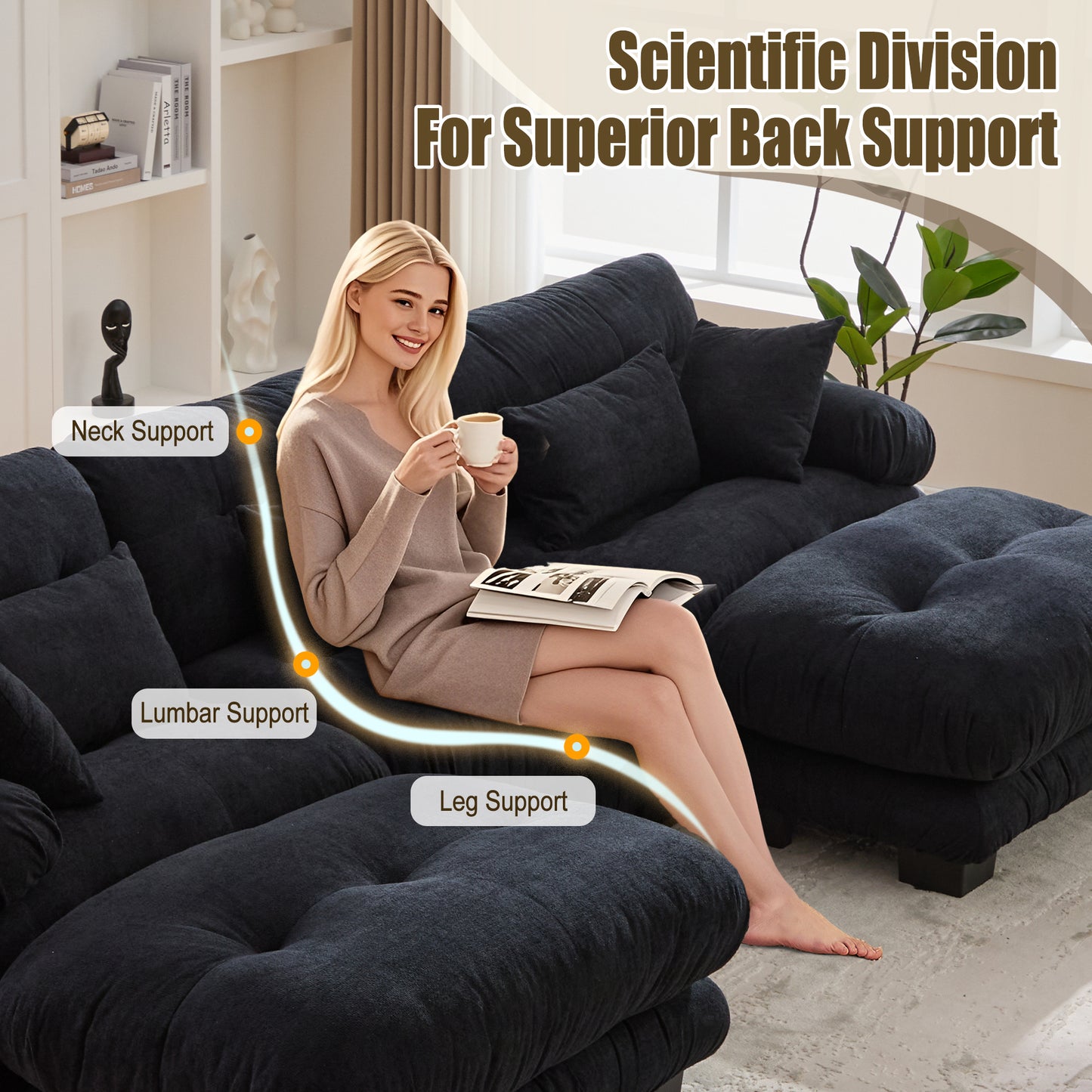 UNITED WE WIN Pelletized velvet U Shape Cloud Couch with 2 Ottomans,Free Combined 3 Seater Comfy Sofa with Bolster Armrest Pillows, sofa for Living Room-海智集-Default-