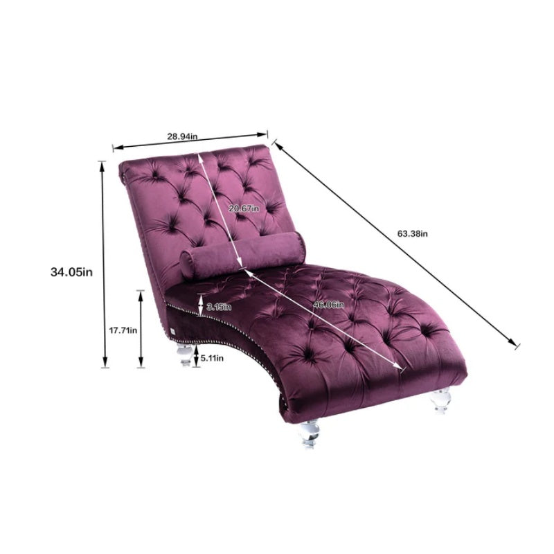Velvet Chaise Lounge Indoor, Button-Tufted Upholstered Chaise Lounge Chair with Pillow for Bedroom Living Room Office, Purple Velvet-海智集-Default-