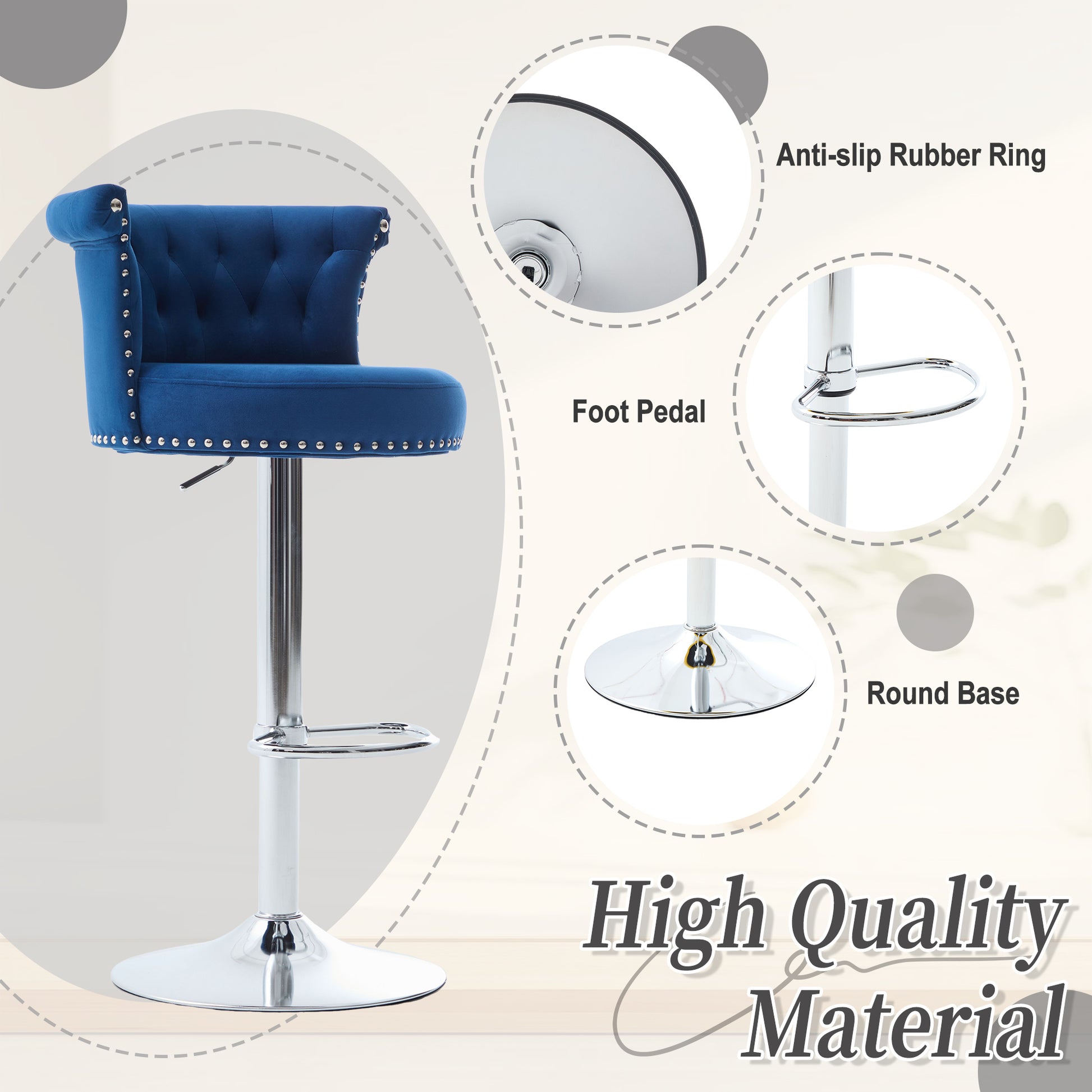 COOLMORE Velvet Bar Stool Set of 2, Adjustable Swivel Bar Stools with Silver Plated Metal Leg, Chrome Nailhead, Counter Height Chair for Kitchen,Dining Room-海智集-Default-