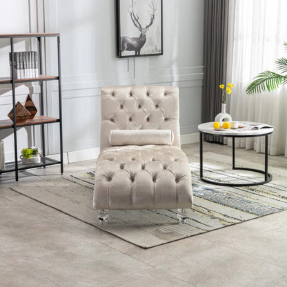 Velvet Chaise Lounge Indoor, Button-Tufted Upholstered Chair with Pillow, Beige Velvet, 63.38x28.94x34.05 inches-海智集-Default-