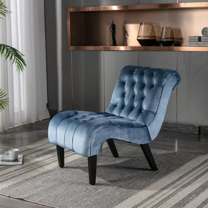 COOLMORE Modern Velvet Armless Accent Living Room Chair / Leisure Chair,Upholstered Fabric Button Comfortable Chair with Wooden Legs for Bedroom, Living Room, Office (Light Blue Velvet)-海智集-Default-