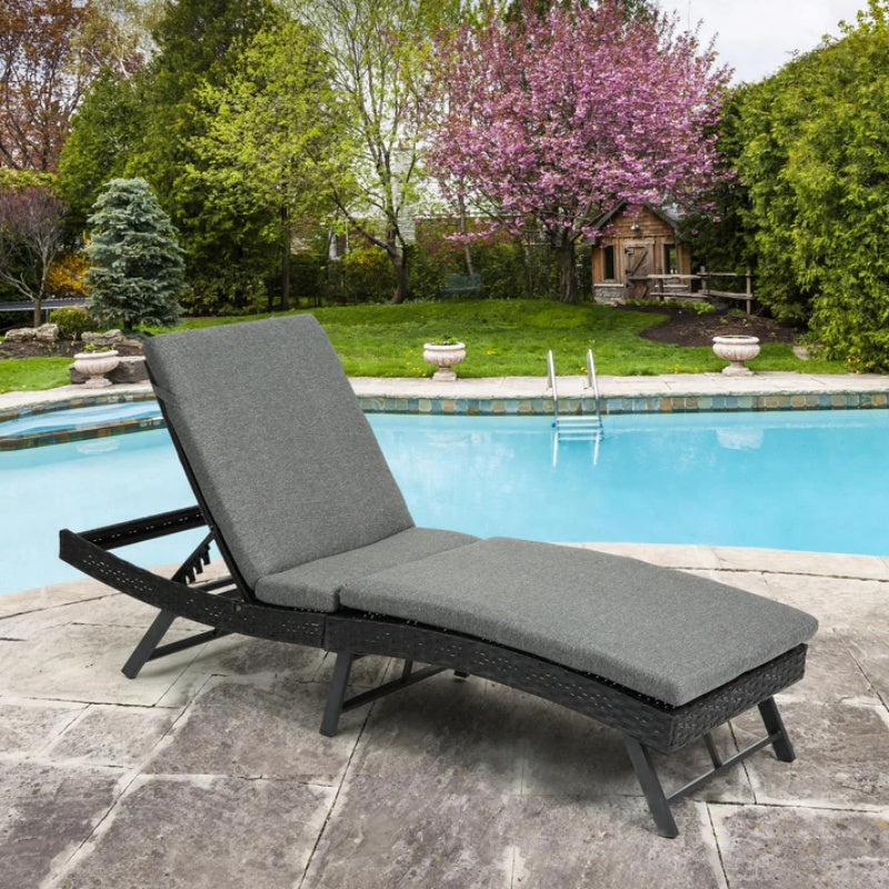 Steel folding Lounge Sets Outdoor Rattan Adjustable Back 3 Pieces Cushioned Patio Folding Chaise Lounge with Folding Table (Gray)-海智集-Default-