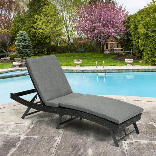 Steel folding Lounge Sets Outdoor Rattan Adjustable Back 3 Pieces Cushioned Patio Folding Chaise Lounge with Folding Table (Gray)-海智集-Default-