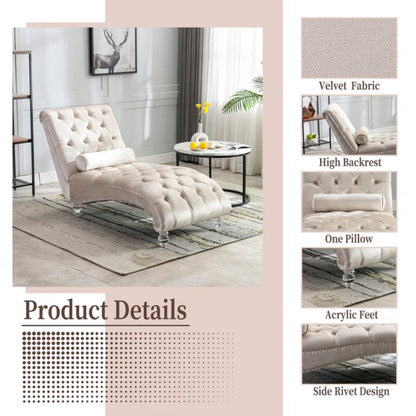 Velvet Chaise Lounge Indoor, Button-Tufted Upholstered Chair with Pillow, Beige Velvet, 63.38x28.94x34.05 inches-海智集-Default-