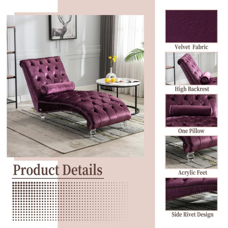 Velvet Chaise Lounge Indoor, Button-Tufted Upholstered Chaise Lounge Chair with Pillow for Bedroom Living Room Office, Purple Velvet-海智集-Default-
