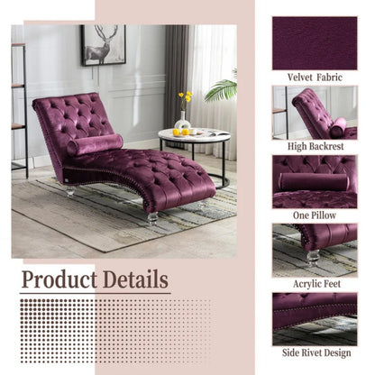 Velvet Chaise Lounge Indoor, Button-Tufted Upholstered Chaise Lounge Chair with Pillow for Bedroom Living Room Office, Purple Velvet-海智集-Default-