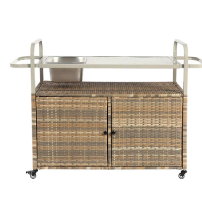 Outdoor Bar Table, Wicker Bar Cart with Cabinet, Patio Serving Cart with steel Top, with one ice bucket,Lockable Wheels, Side Basket for Garden, Poolside & Backyard, Beige-海智集-Default-