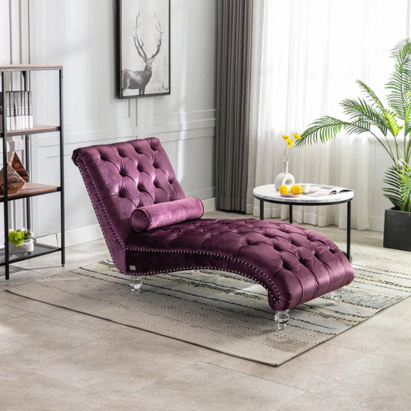 Velvet Chaise Lounge Indoor, Button-Tufted Upholstered Chaise Lounge Chair with Pillow for Bedroom Living Room Office, Purple Velvet-海智集-Default-