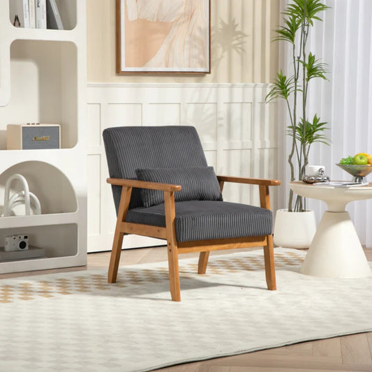Leisure Chair with Solid Wood Armrest and Feet, Leisure chair, wood frame, velvet, l, solid rubber wood legs, Mid-Century Modern Accent chair, for Living Room Bedroom Studio chair-海智集-Default-