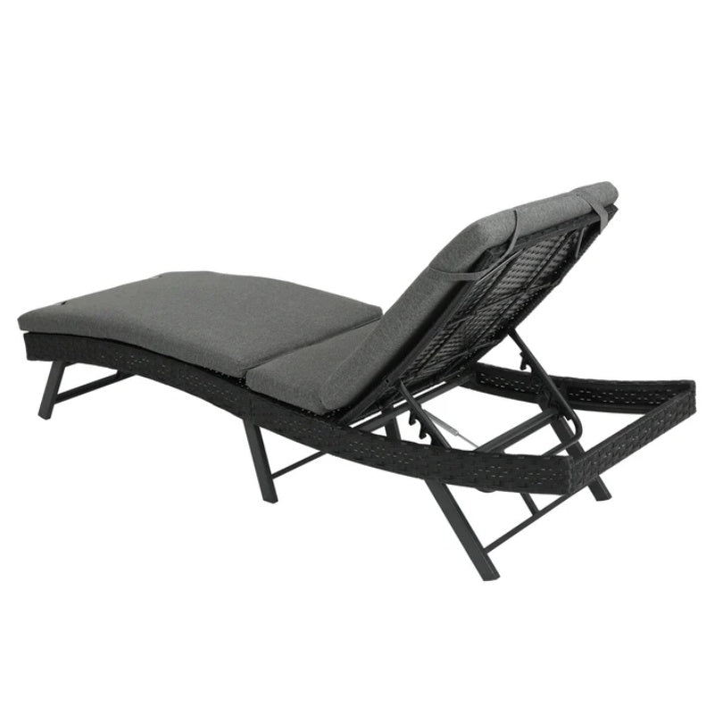 Steel folding Lounge Sets Outdoor Rattan Adjustable Back 3 Pieces Cushioned Patio Folding Chaise Lounge with Folding Table (Gray)-海智集-Default-