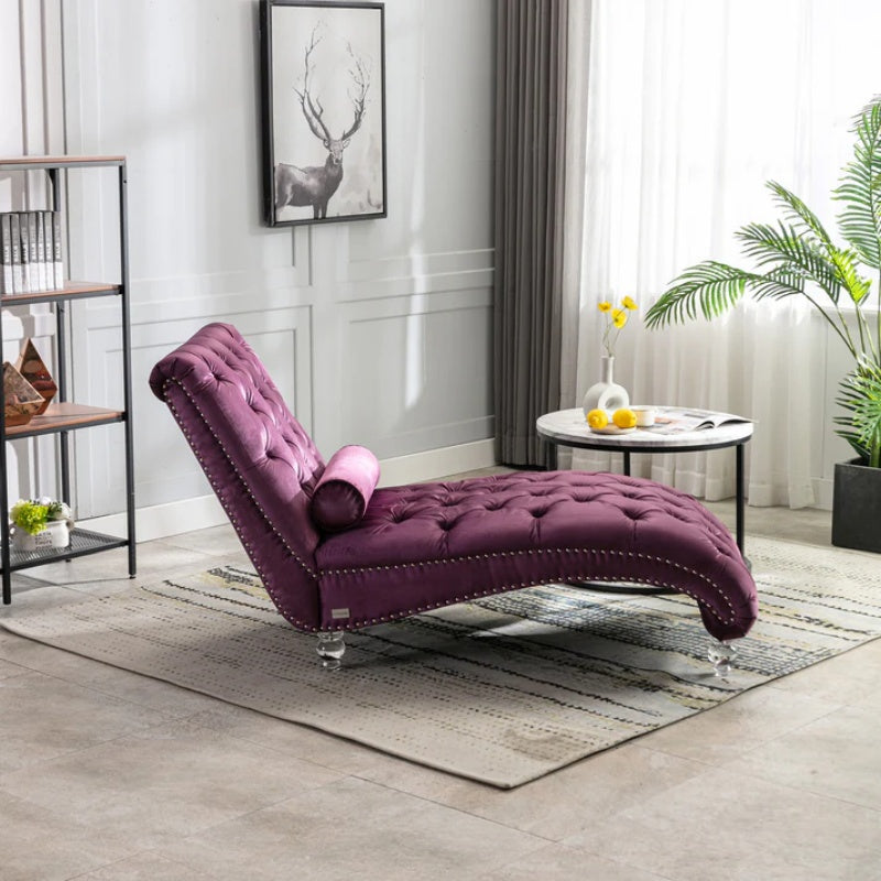 Velvet Chaise Lounge Indoor, Button-Tufted Upholstered Chaise Lounge Chair with Pillow for Bedroom Living Room Office, Purple Velvet-海智集-Default-