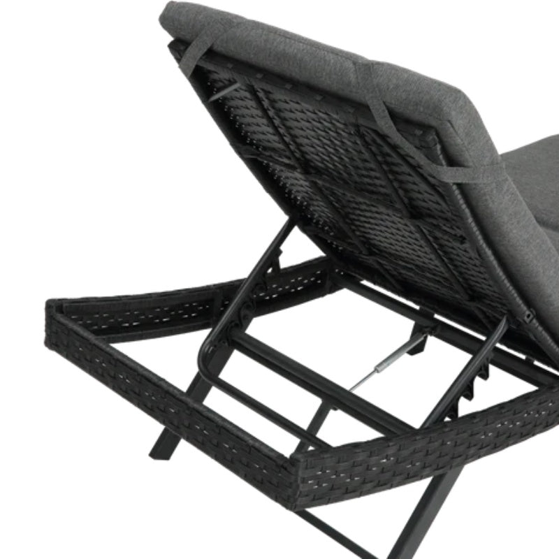 Steel folding Lounge Sets Outdoor Rattan Adjustable Back 3 Pieces Cushioned Patio Folding Chaise Lounge with Folding Table (Gray)-海智集-Default-