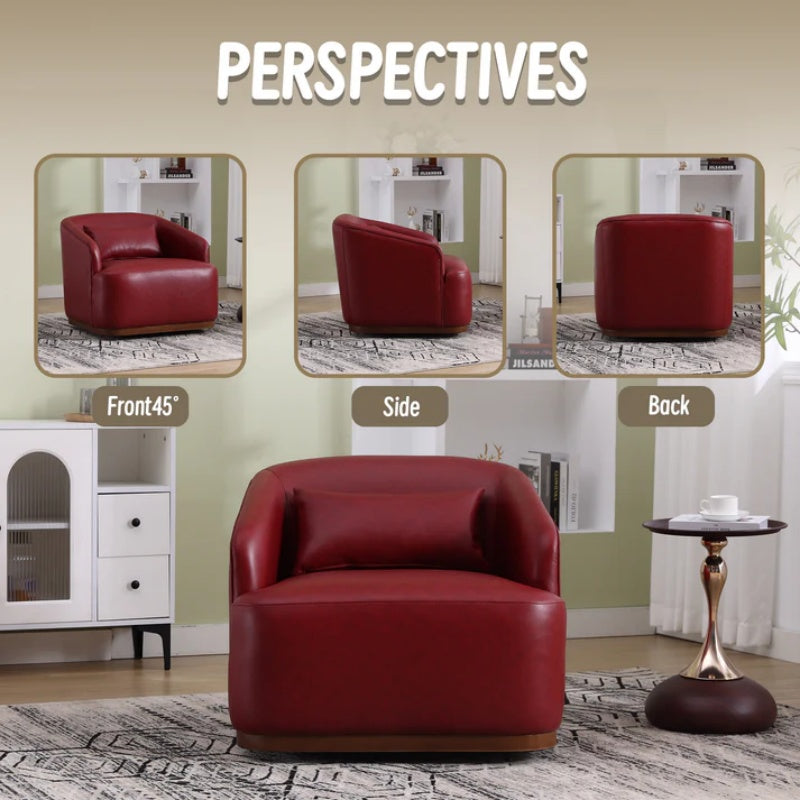 Swivel Barrel Chair, Comfy Round Accent Sofa Chair, 360 Degree Swivel, Wine Red PU, for Living Room, Office, Lounge-海智集-Default-