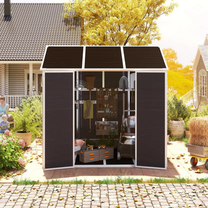 8*7ft Outdoor Storage Shed, Outdoor Resin Shed with Two-Window and Double-Door, Plastic Shed with Floor for Garden, Patio, Yard, Lawn (Dark Gray)-海智集-Default-