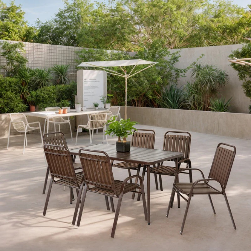 7 Pieces Patio Dining Set, Plastic chair and steel table Outdoor Set, plastic Chairs and Table Set for Garden Patio, Brown-海智集-Default-