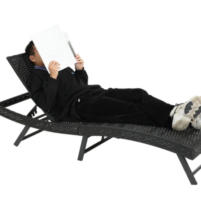 Steel folding Lounge Sets Outdoor Rattan Adjustable Back 3 Pieces Cushioned Patio Folding Chaise Lounge with Folding Table (Gray)-海智集-Default-