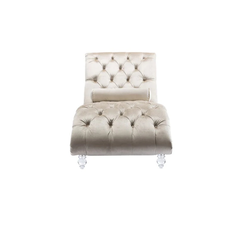 Velvet Chaise Lounge Indoor, Button-Tufted Upholstered Chair with Pillow, Beige Velvet, 63.38x28.94x34.05 inches-海智集-Default-