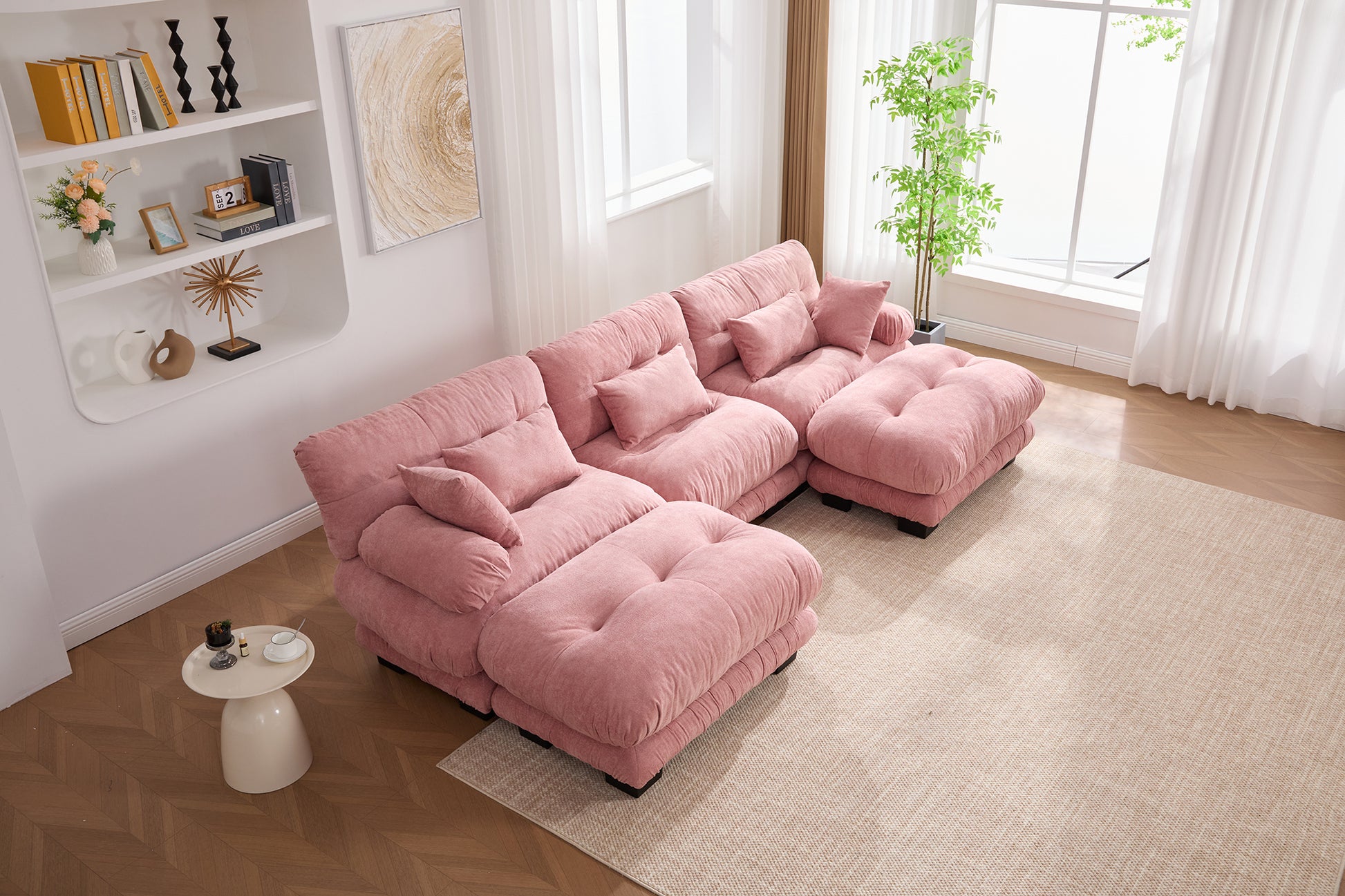 UNITED WE WIN Pelletized velvet U Shape Cloud Couch with 2 Ottomans,Free Combined 3 Seater Comfy Sofa with Bolster Armrest Pillows, sofa for Living Room-海智集-Default-