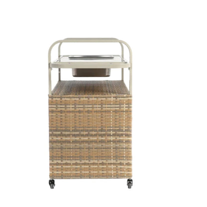Outdoor Bar Table, Wicker Bar Cart with Cabinet, Patio Serving Cart with steel Top, with one ice bucket,Lockable Wheels, Side Basket for Garden, Poolside & Backyard, Beige-海智集-Default-