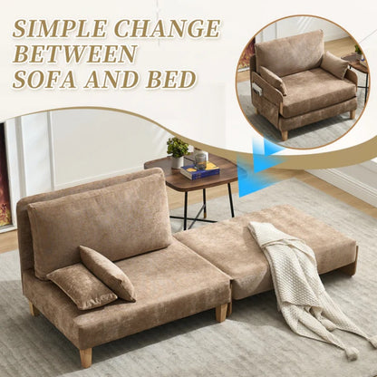 Mid-Century Modern Foldable Sofa Bed Recliner, 3-in-1 Convertible Sleeper with Three Pillows, Light Brown Chenille, Ideal for Small Spaces-海智集-Default-