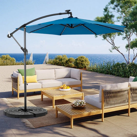 10ft Solar LED Offset Hanging Market Patio Umbrella ( Dark blue)(No Base)-海智集-Default-
