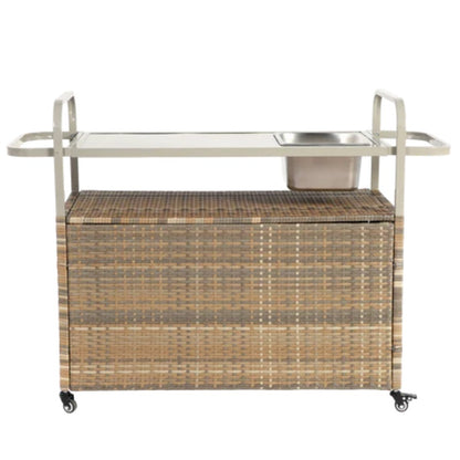 Outdoor Bar Table, Wicker Bar Cart with Cabinet, Patio Serving Cart with steel Top, with one ice bucket,Lockable Wheels, Side Basket for Garden, Poolside & Backyard, Beige-海智集-Default-